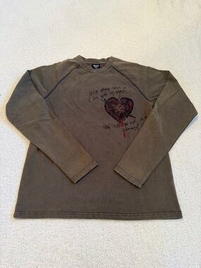 Ditch Graphic Long Sleeve Shirt Brown Grunge Heart Y2K Large